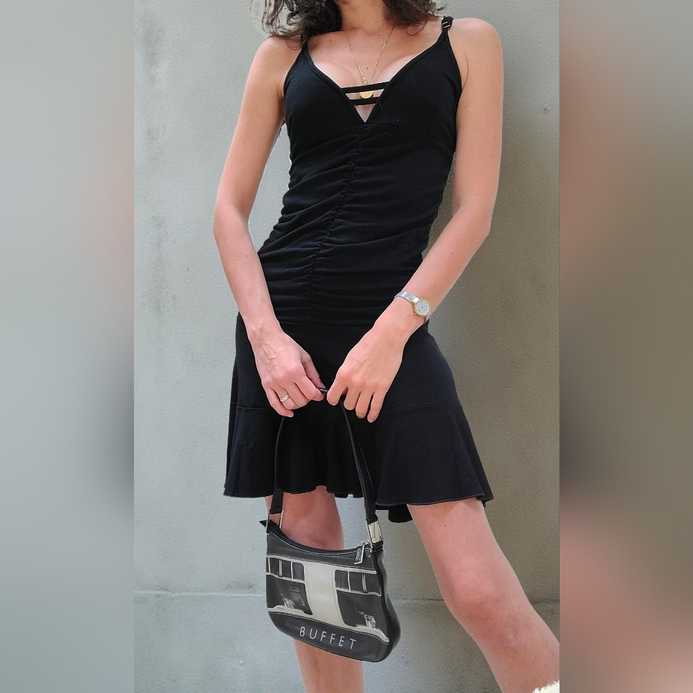 Elegant Black Women's V-neck Ruched Dress